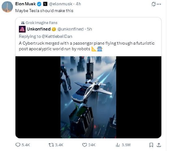 马斯克回应AI生成的飞行Cybertruck视频